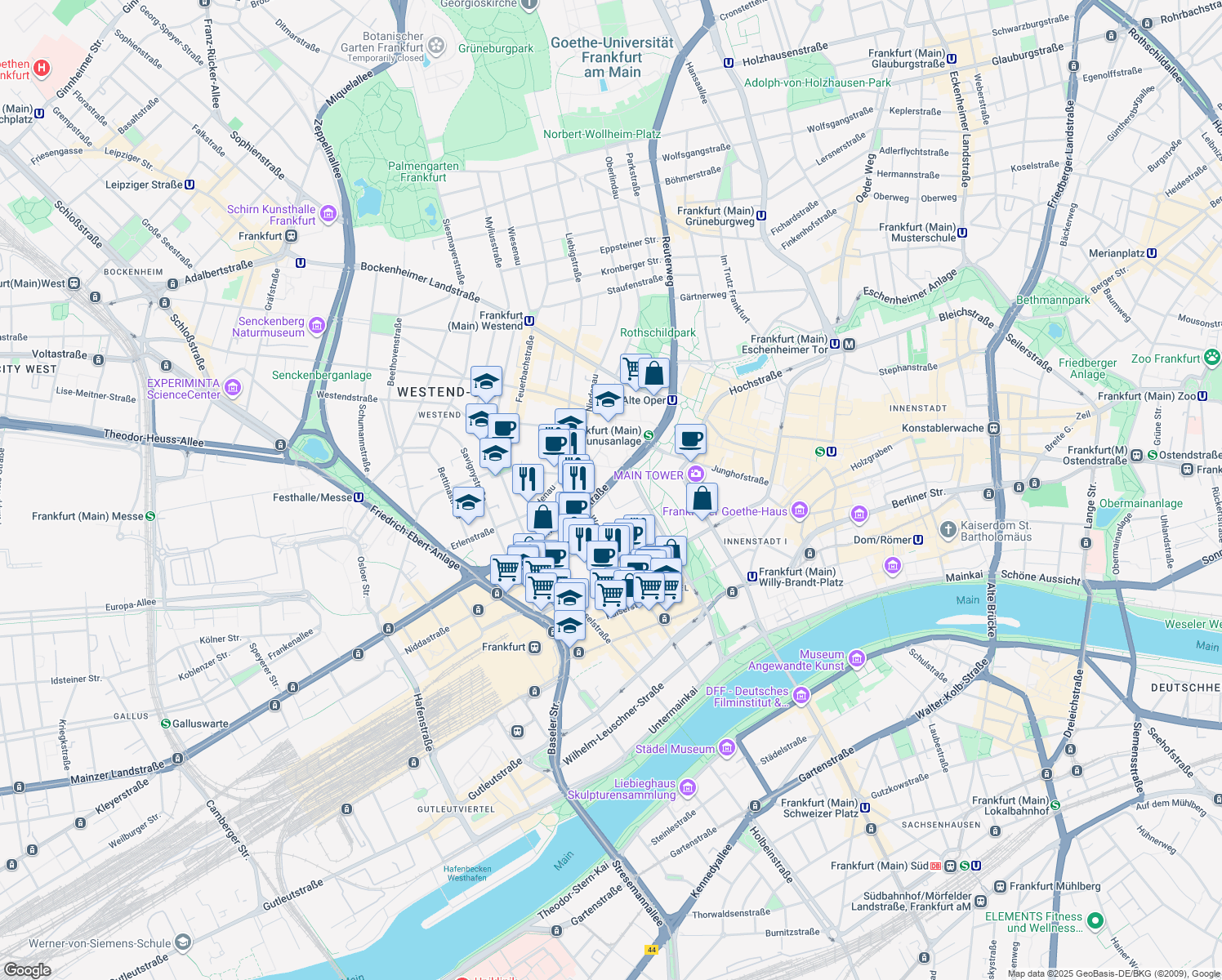 map of restaurants, bars, coffee shops, grocery stores, and more near 5 Mainzer Landstraße in Frankfurt am Main