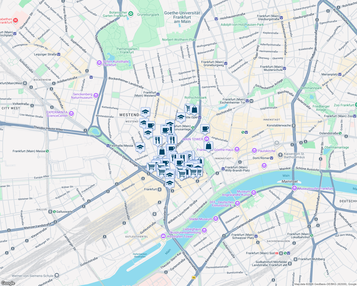 map of restaurants, bars, coffee shops, grocery stores, and more near 16 Mainzer Landstraße in Frankfurt