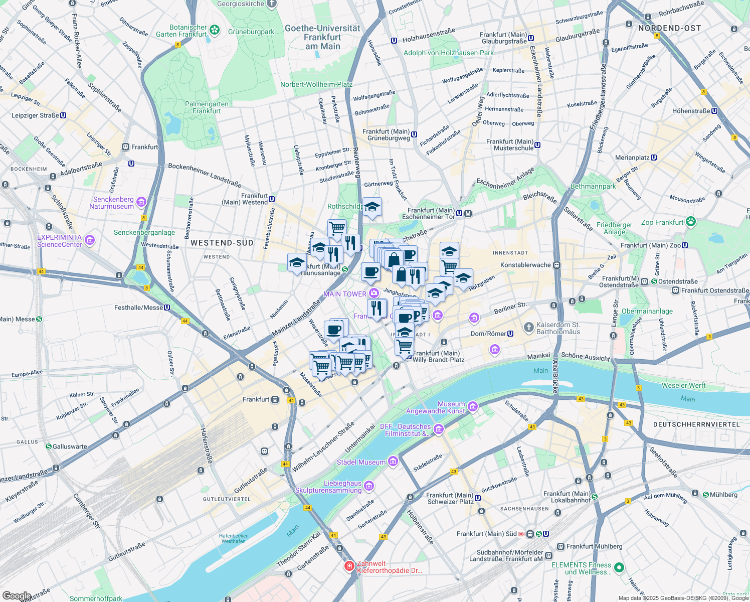 map of restaurants, bars, coffee shops, grocery stores, and more near 52 Neue Mainzer Straße in Frankfurt am Main