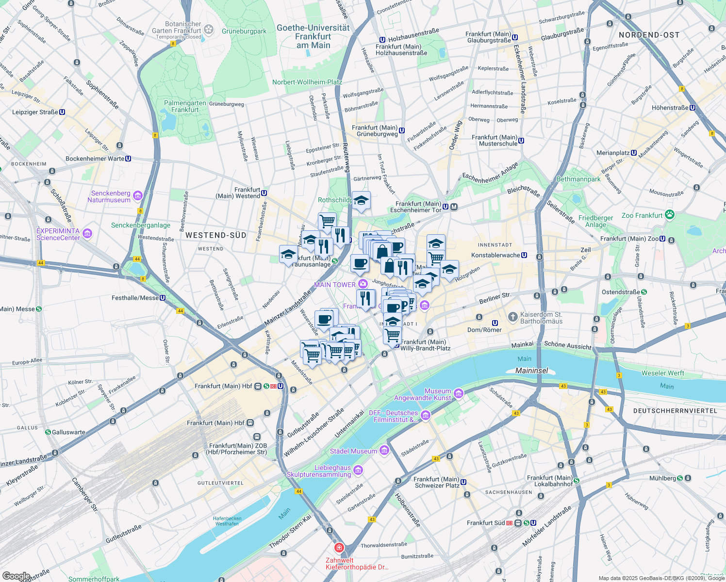 map of restaurants, bars, coffee shops, grocery stores, and more near 52 Neue Mainzer Straße in Frankfurt am Main