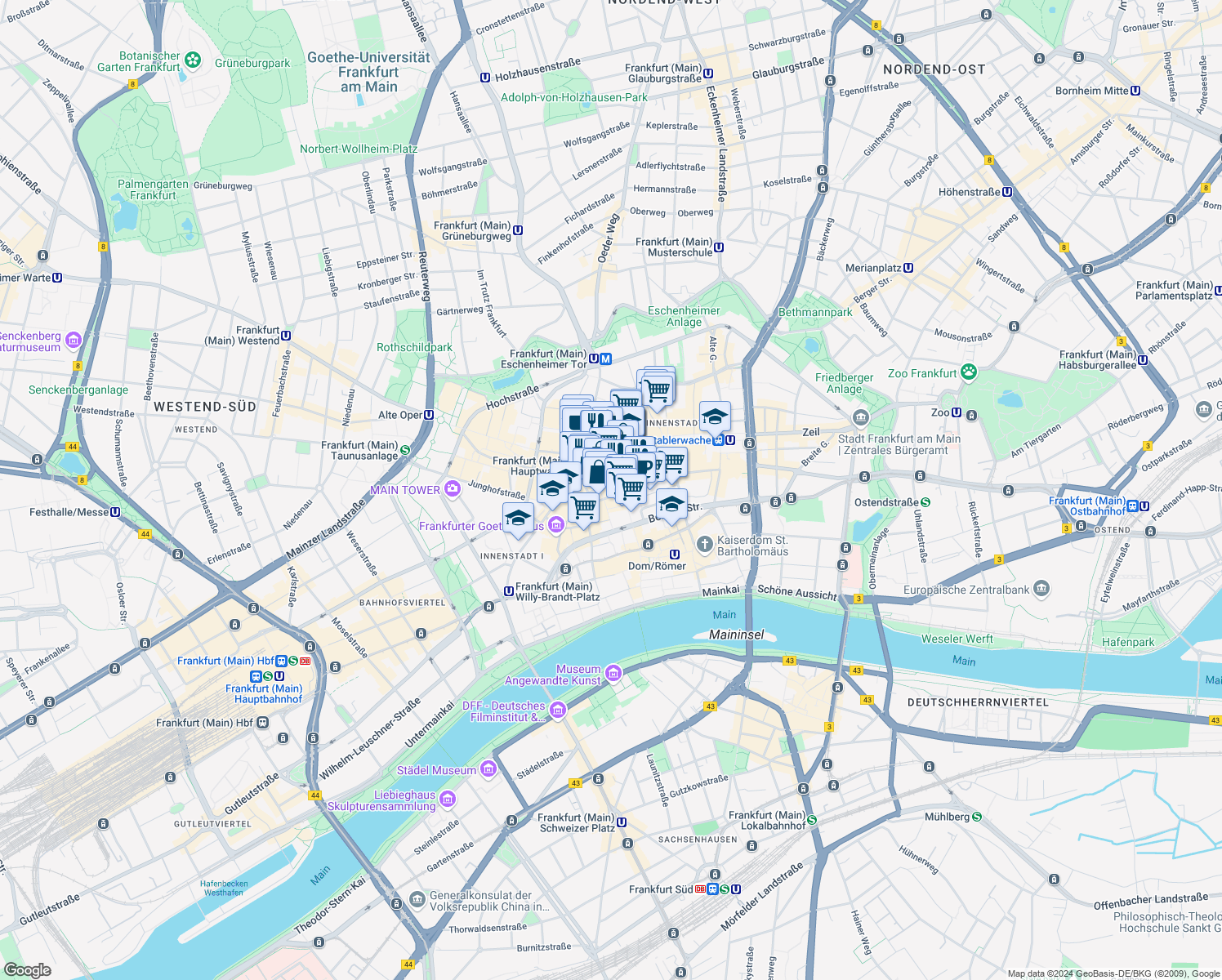 map of restaurants, bars, coffee shops, grocery stores, and more near 6 Bleidenstraße in Frankfurt am Main