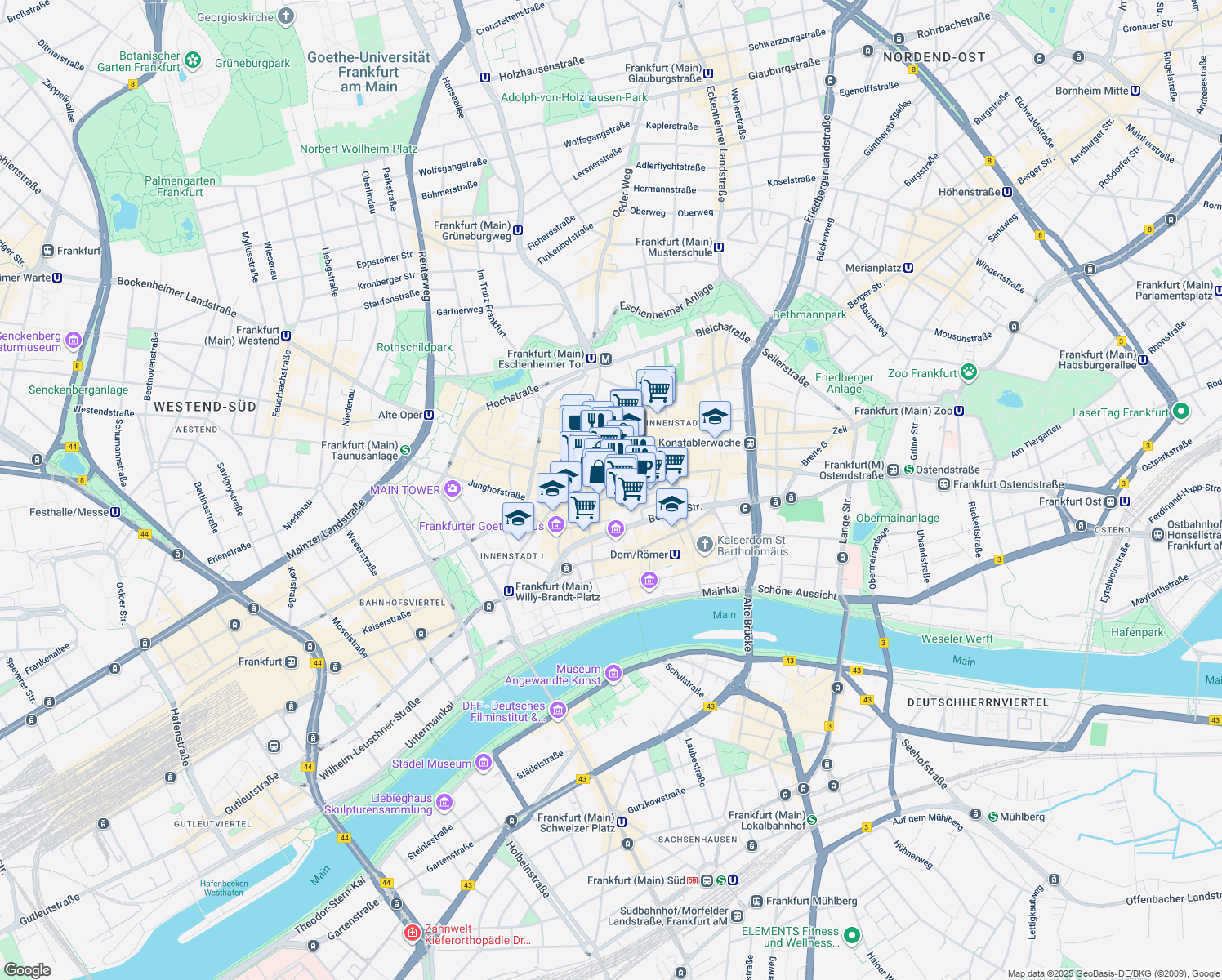 map of restaurants, bars, coffee shops, grocery stores, and more near 6 Bleidenstraße in Frankfurt am Main