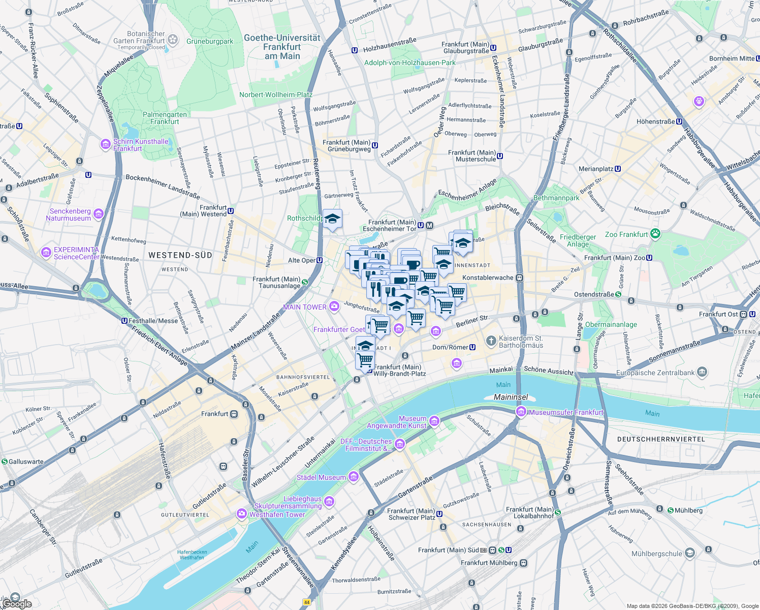 map of restaurants, bars, coffee shops, grocery stores, and more near 5 Goetheplatz in Frankfurt