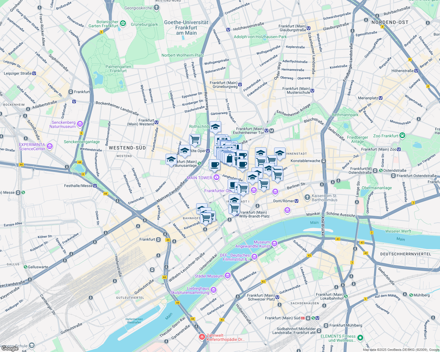 map of restaurants, bars, coffee shops, grocery stores, and more near 13-15 Junghofstraße in Frankfurt am Main