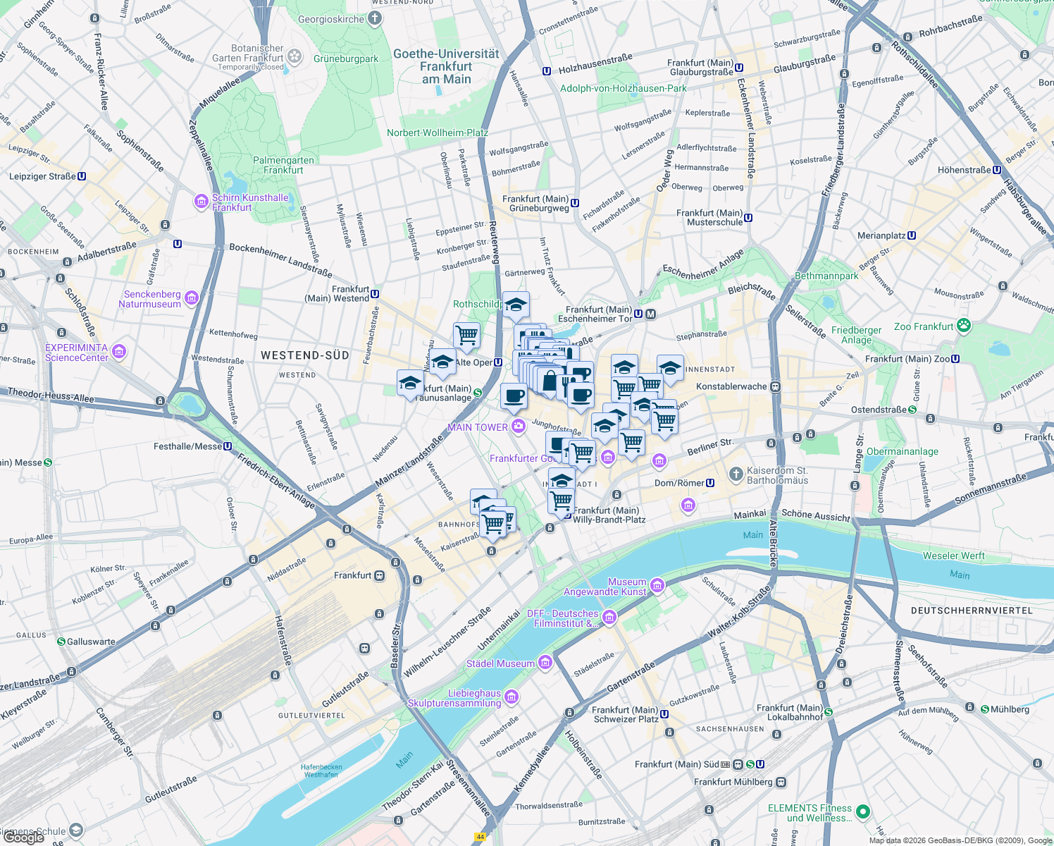 map of restaurants, bars, coffee shops, grocery stores, and more near 13-15 Junghofstraße in Frankfurt am Main