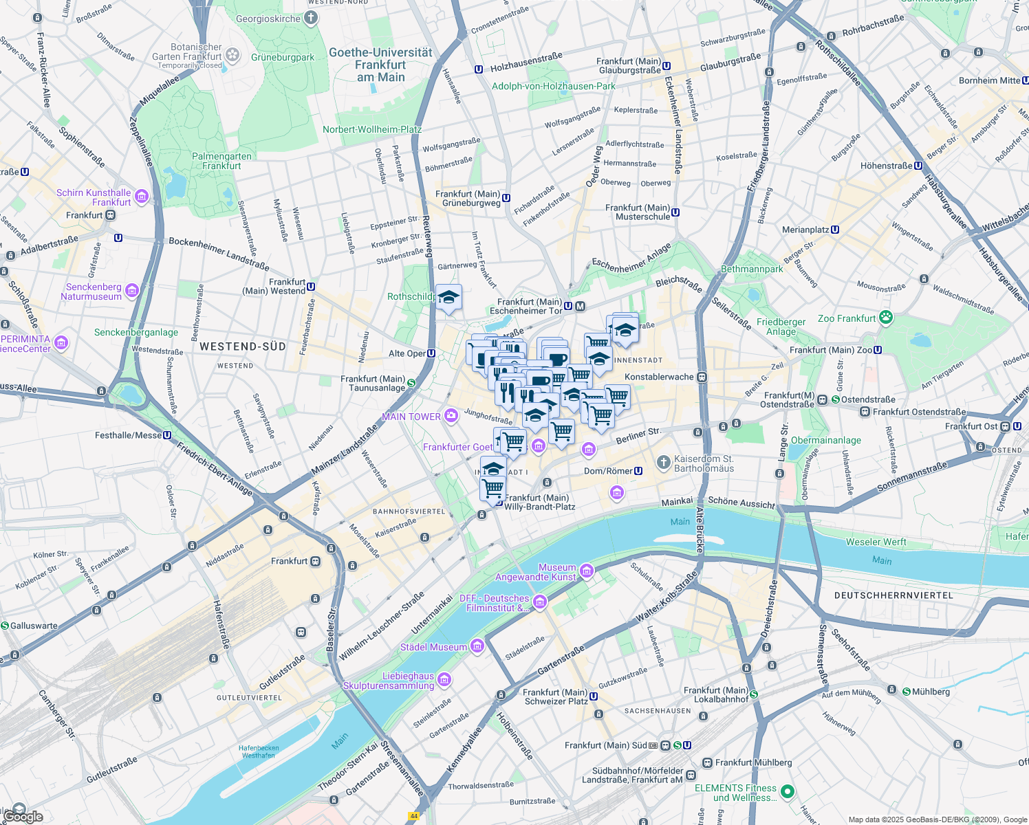 map of restaurants, bars, coffee shops, grocery stores, and more near 5 Goetheplatz in Frankfurt