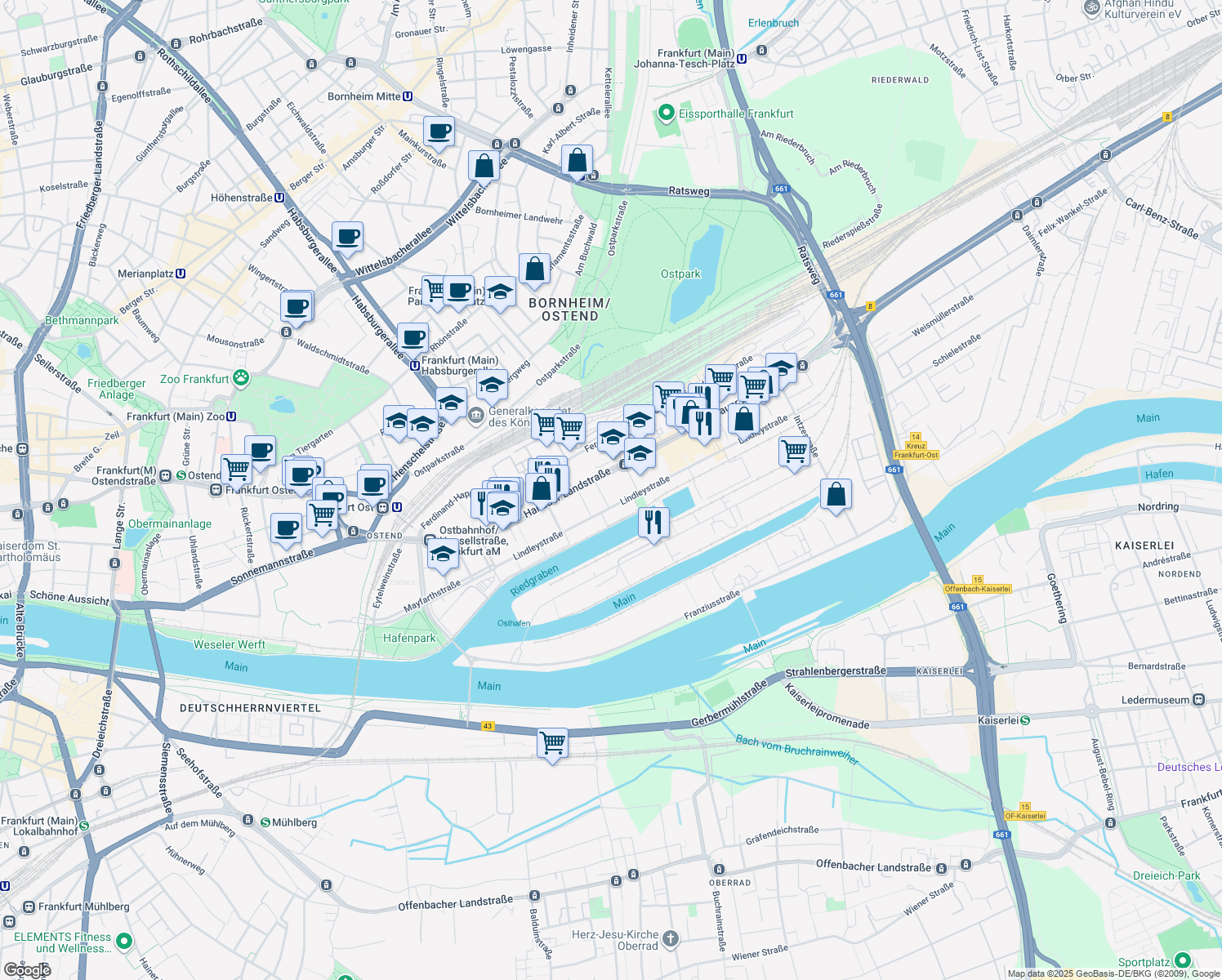 map of restaurants, bars, coffee shops, grocery stores, and more near 166 Hanauer Landstraße in Frankfurt am Main