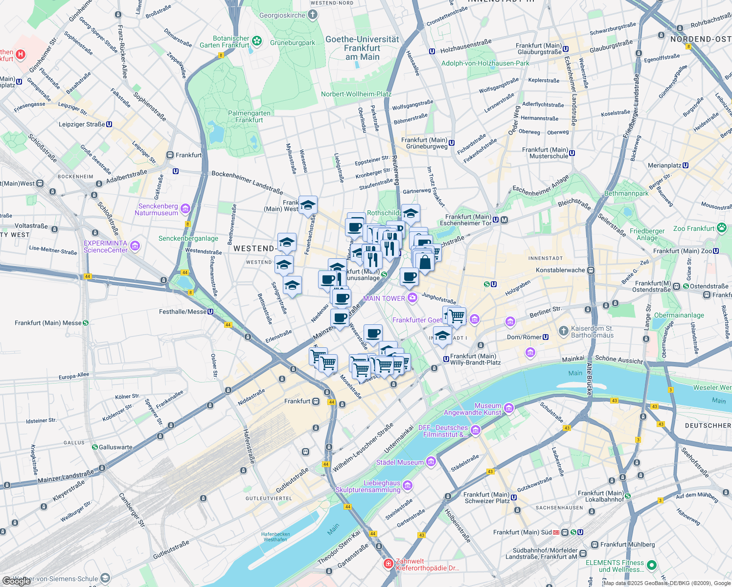 map of restaurants, bars, coffee shops, grocery stores, and more near 6 Mainzer Landstraße in Frankfurt am Main