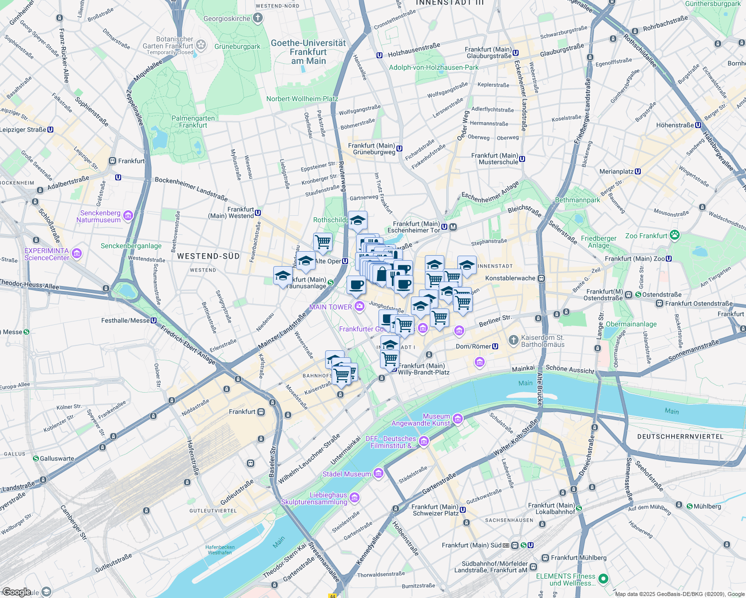 map of restaurants, bars, coffee shops, grocery stores, and more near 22 Junghofstraße in Frankfurt am Main