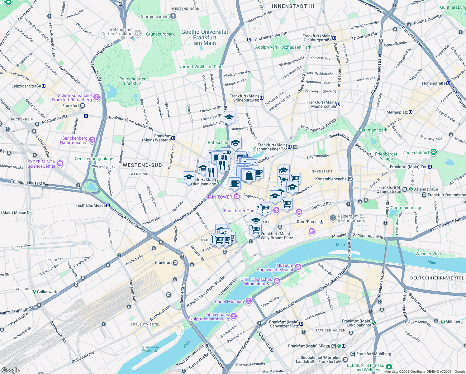 map of restaurants, bars, coffee shops, grocery stores, and more near 69-75 Neue Mainzer Straße in Frankfurt am Main
