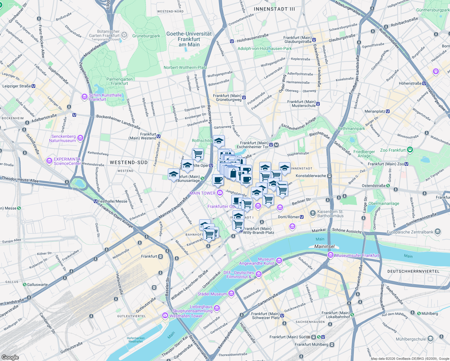 map of restaurants, bars, coffee shops, grocery stores, and more near 80 Neue Mainzer Straße in Frankfurt