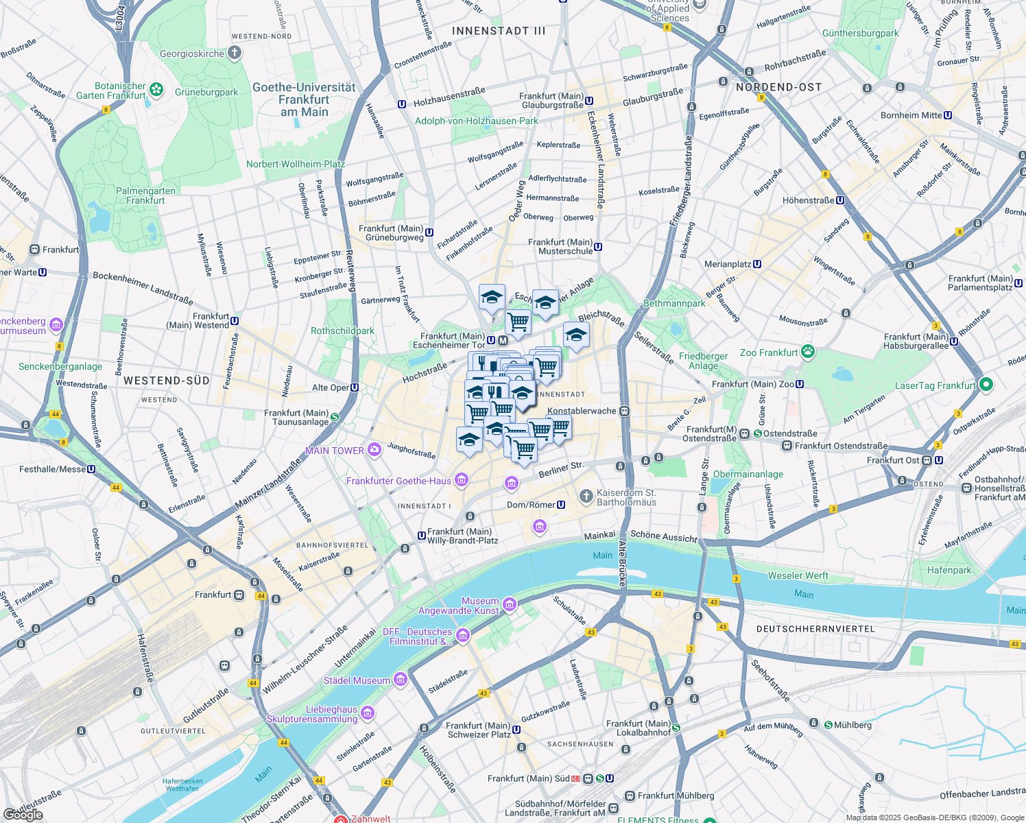 map of restaurants, bars, coffee shops, grocery stores, and more near 112 Zeil in Frankfurt am Main