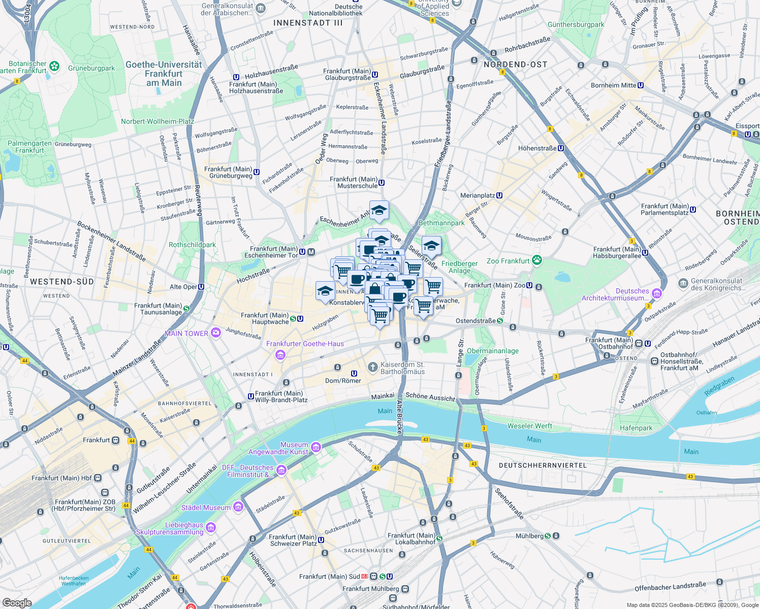 map of restaurants, bars, coffee shops, grocery stores, and more near 65 Zeil in Frankfurt