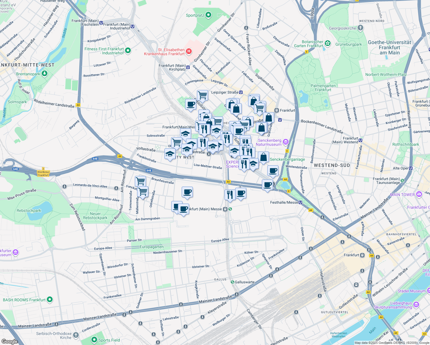 map of restaurants, bars, coffee shops, grocery stores, and more near 72 Theodor-Heuss-Allee in Frankfurt am Main