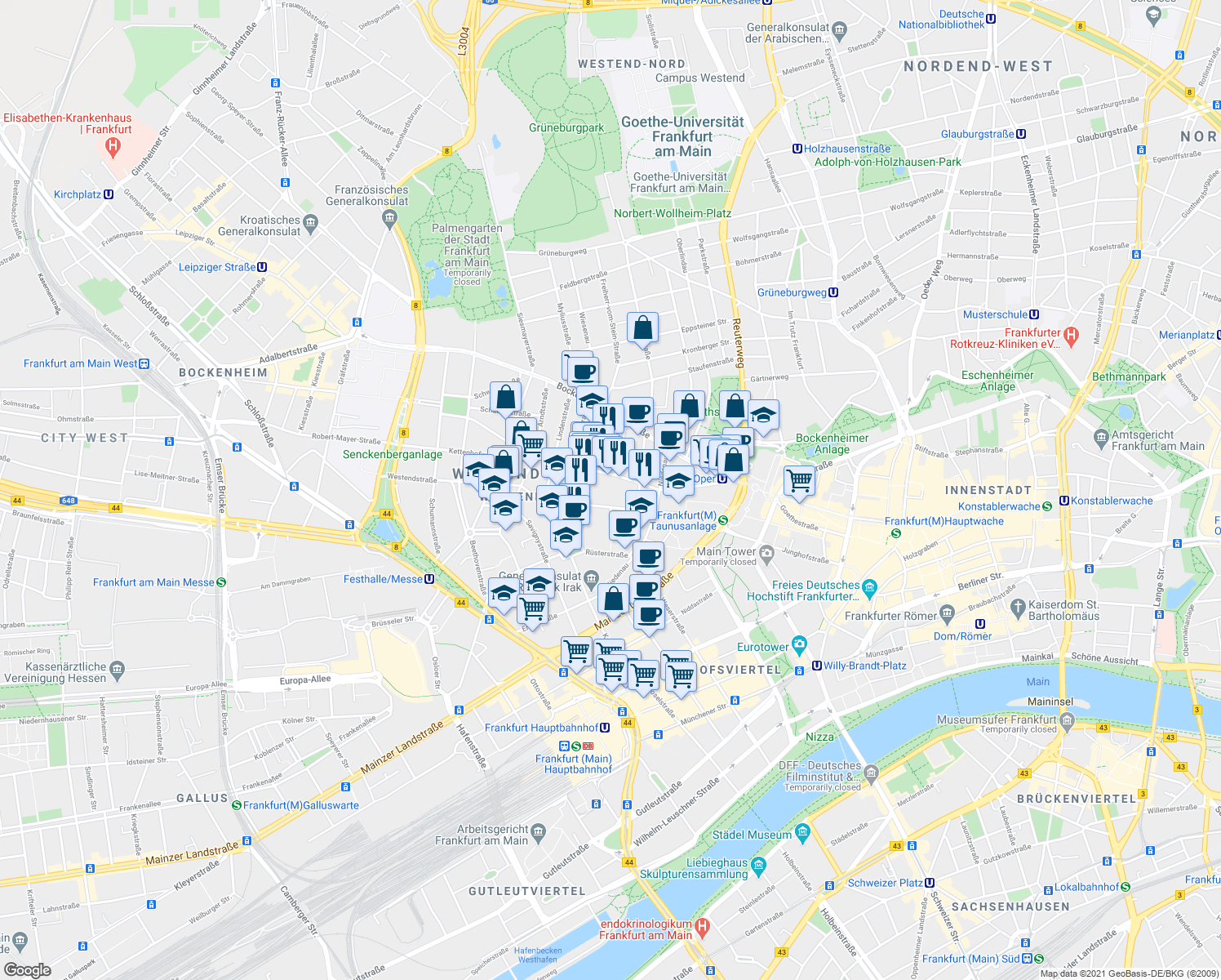 map of restaurants, bars, coffee shops, grocery stores, and more near 50 Guiollettstraße in Frankfurt