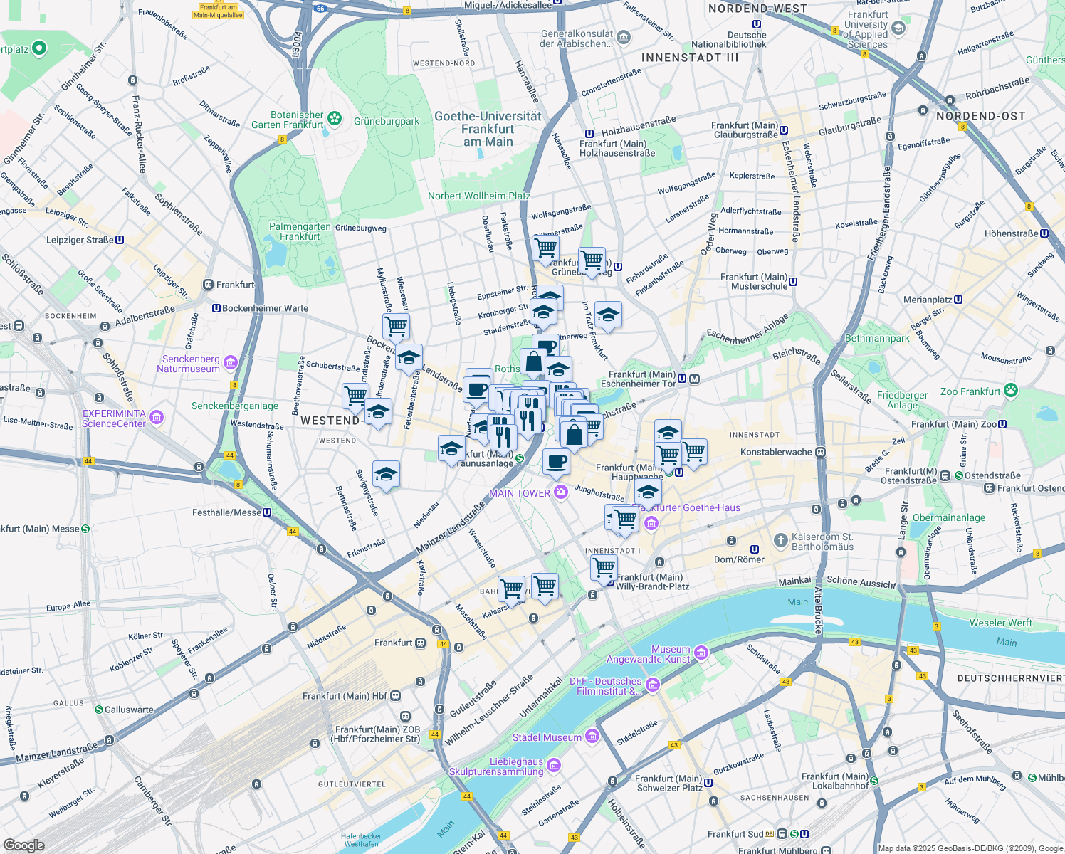 map of restaurants, bars, coffee shops, grocery stores, and more near 2 Bockenheimer Landstraße in Frankfurt