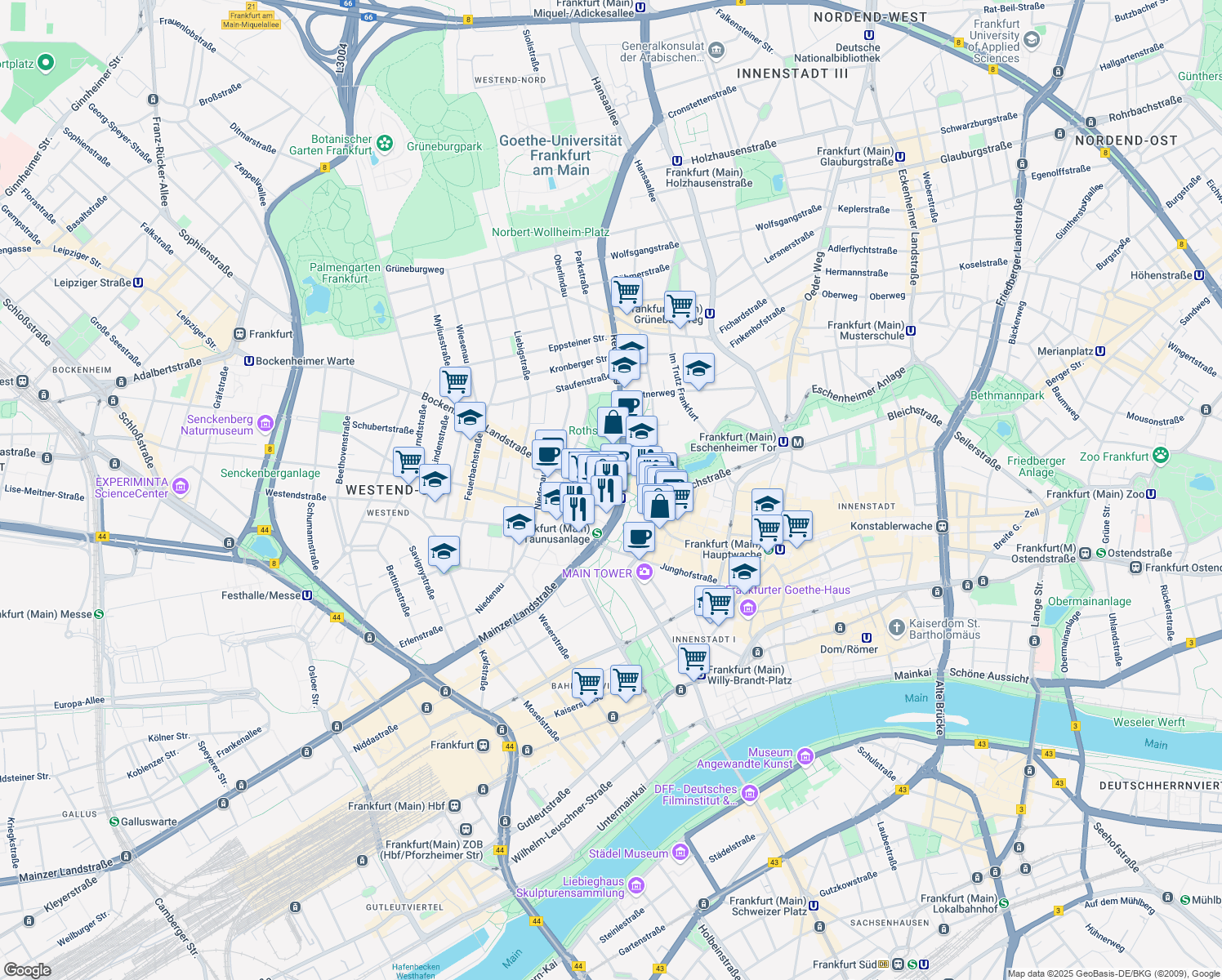 map of restaurants, bars, coffee shops, grocery stores, and more near 2 Bockenheimer Landstraße in Frankfurt