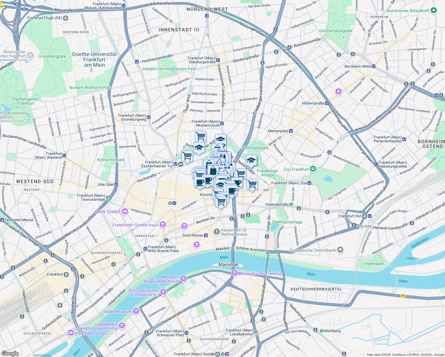 map of restaurants, bars, coffee shops, grocery stores, and more near Große Friedberger Straße in Frankfurt am Main