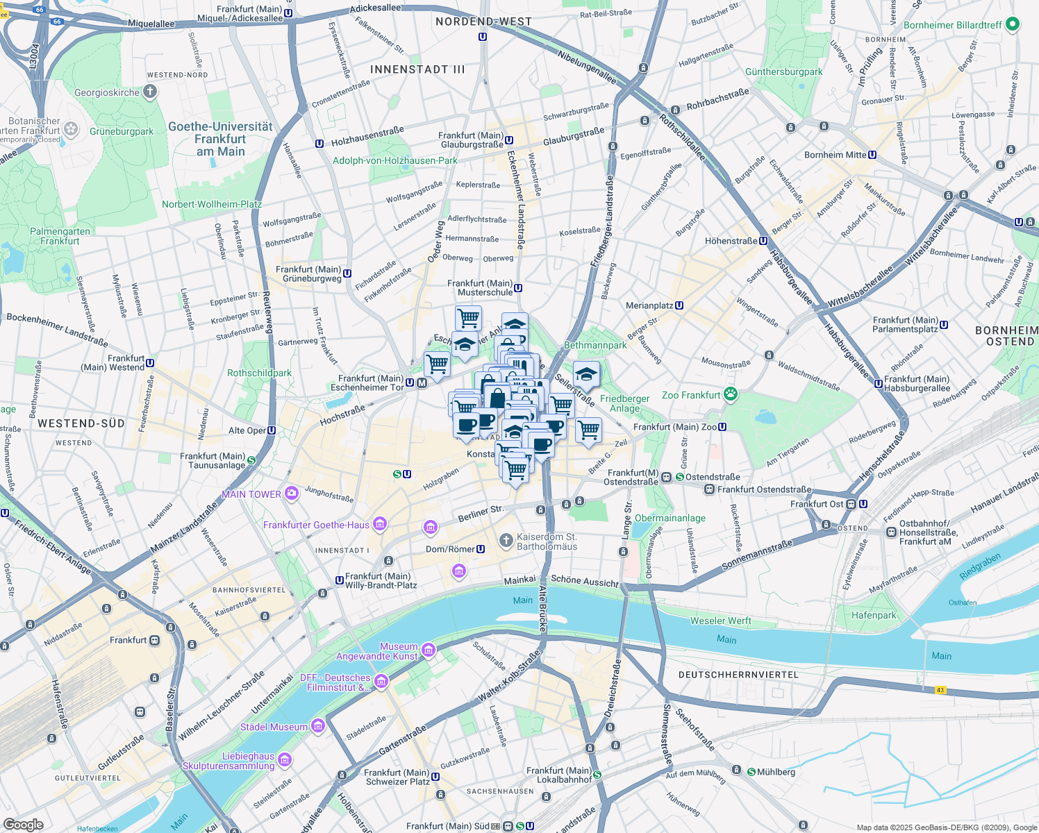 map of restaurants, bars, coffee shops, grocery stores, and more near Große Friedberger Straße in Frankfurt am Main