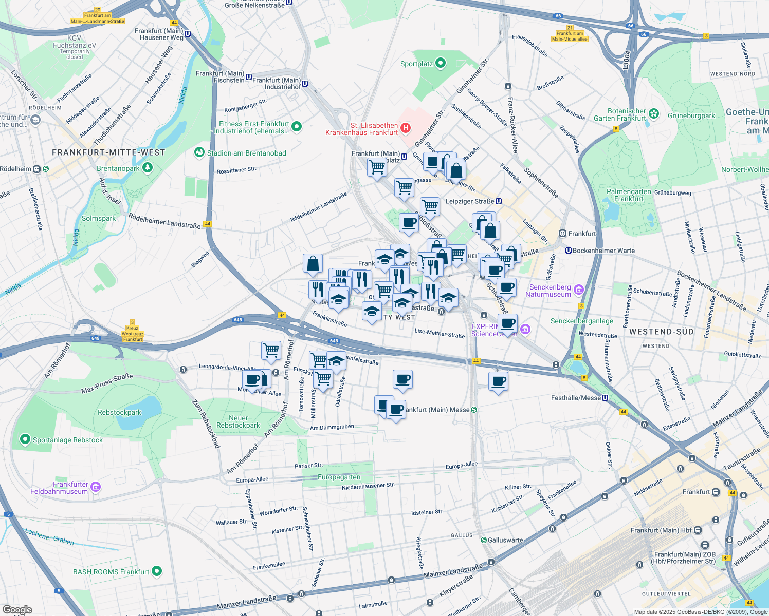 map of restaurants, bars, coffee shops, grocery stores, and more near 70 Voltastraße in Frankfurt