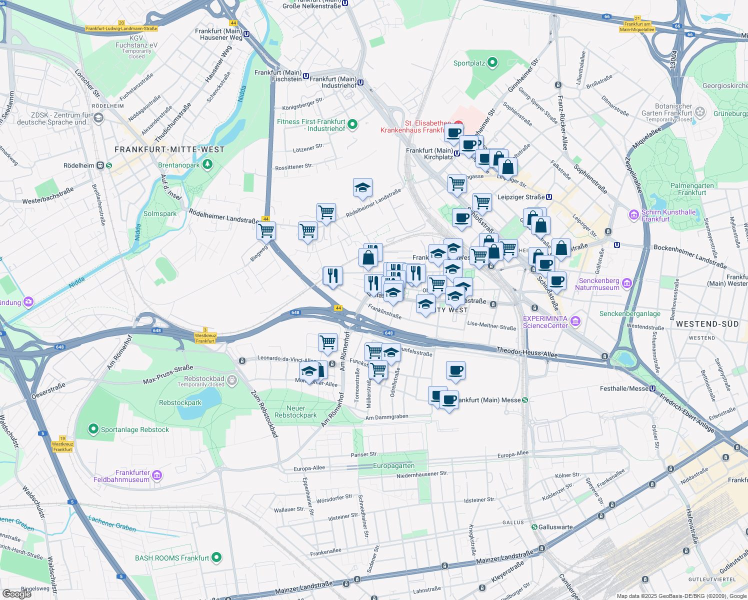 map of restaurants, bars, coffee shops, grocery stores, and more near 81 Voltastraße in Frankfurt