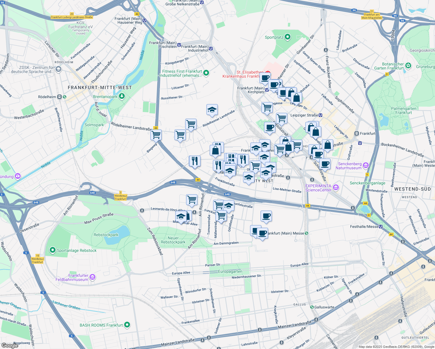 map of restaurants, bars, coffee shops, grocery stores, and more near 81 Voltastraße in Frankfurt