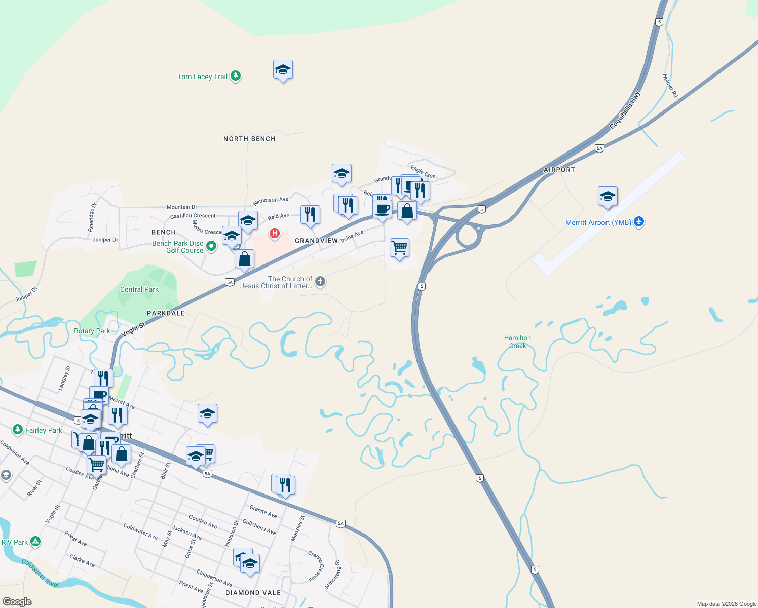 map of restaurants, bars, coffee shops, grocery stores, and more near 2640 Spring Bank Ave in Merritt