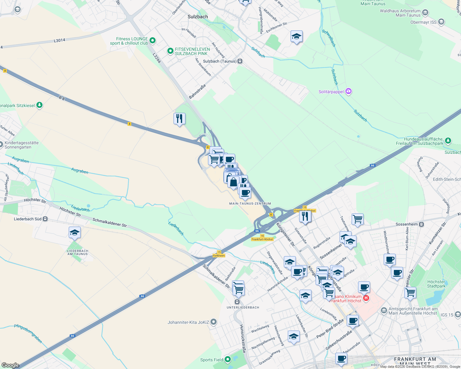 map of restaurants, bars, coffee shops, grocery stores, and more near in Sulzbach (Taunus)