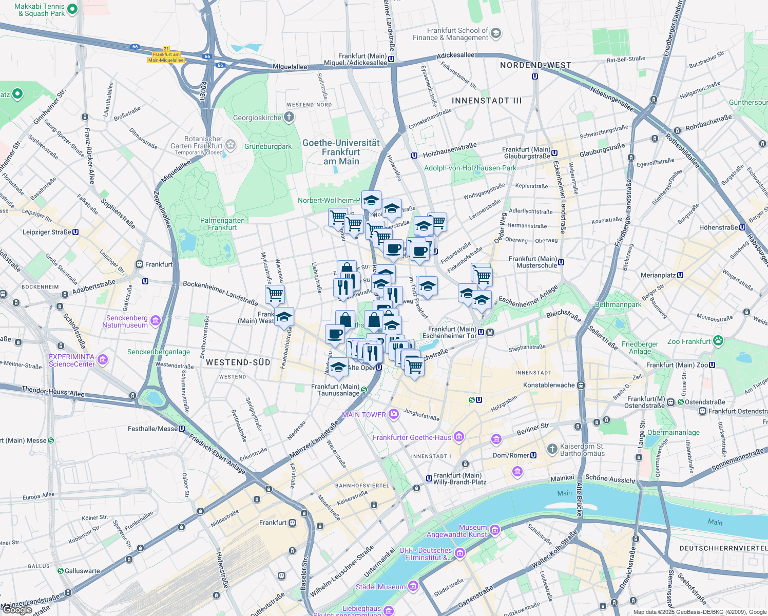 map of restaurants, bars, coffee shops, grocery stores, and more near 20 Reuterweg in Frankfurt am Main