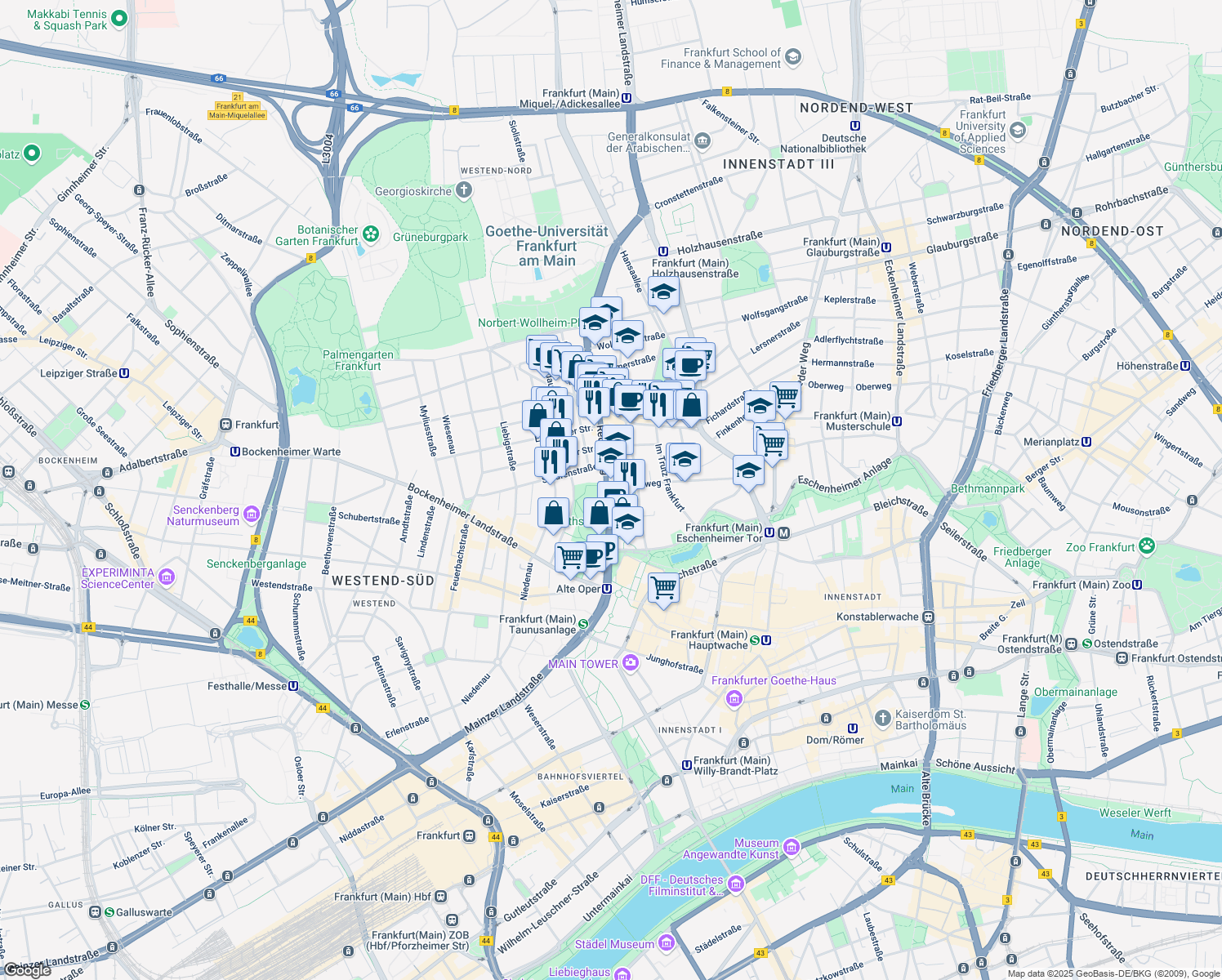 map of restaurants, bars, coffee shops, grocery stores, and more near 20 Reuterweg in Frankfurt am Main