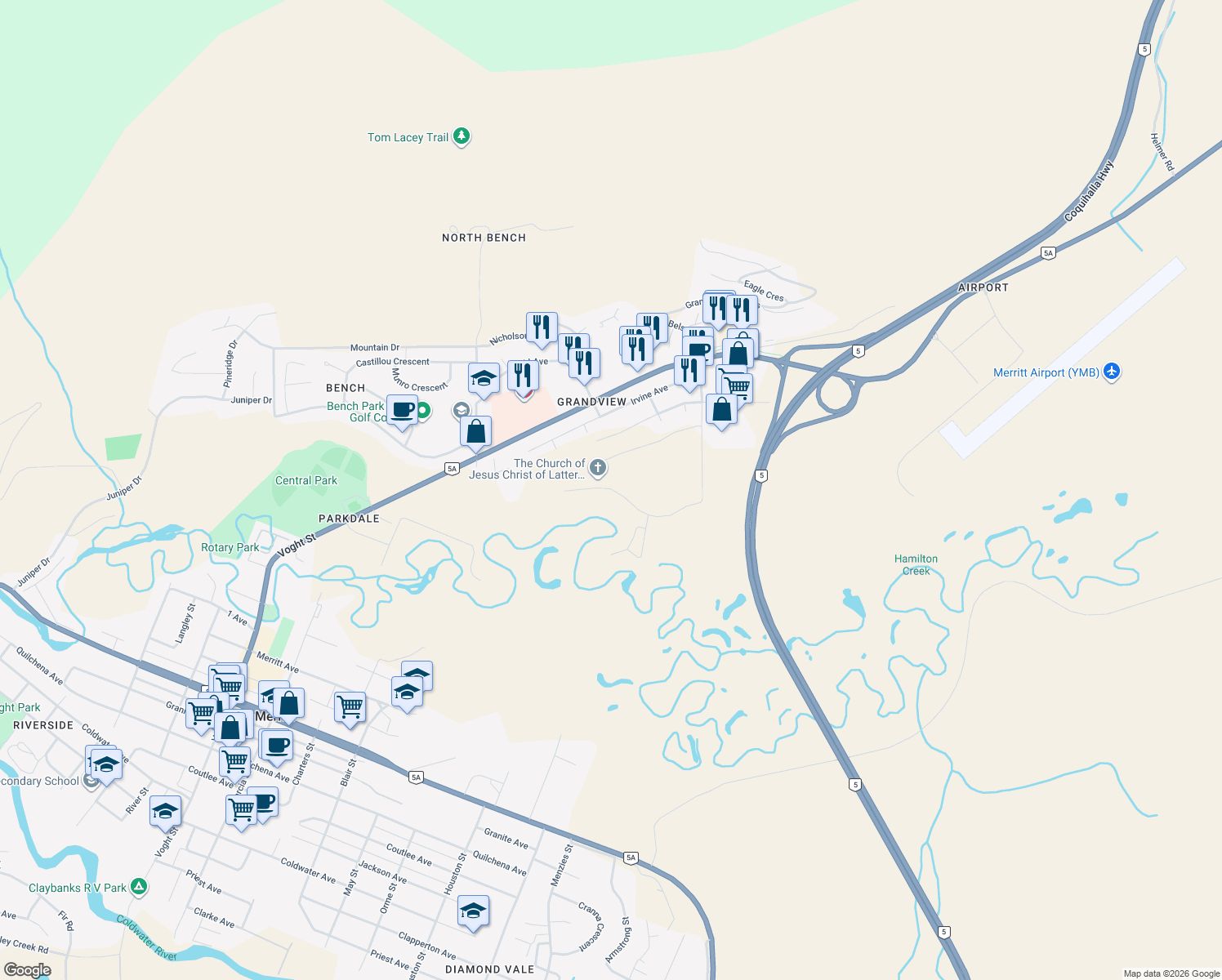 map of restaurants, bars, coffee shops, grocery stores, and more near 2474 Spring Bank Avenue in Merritt