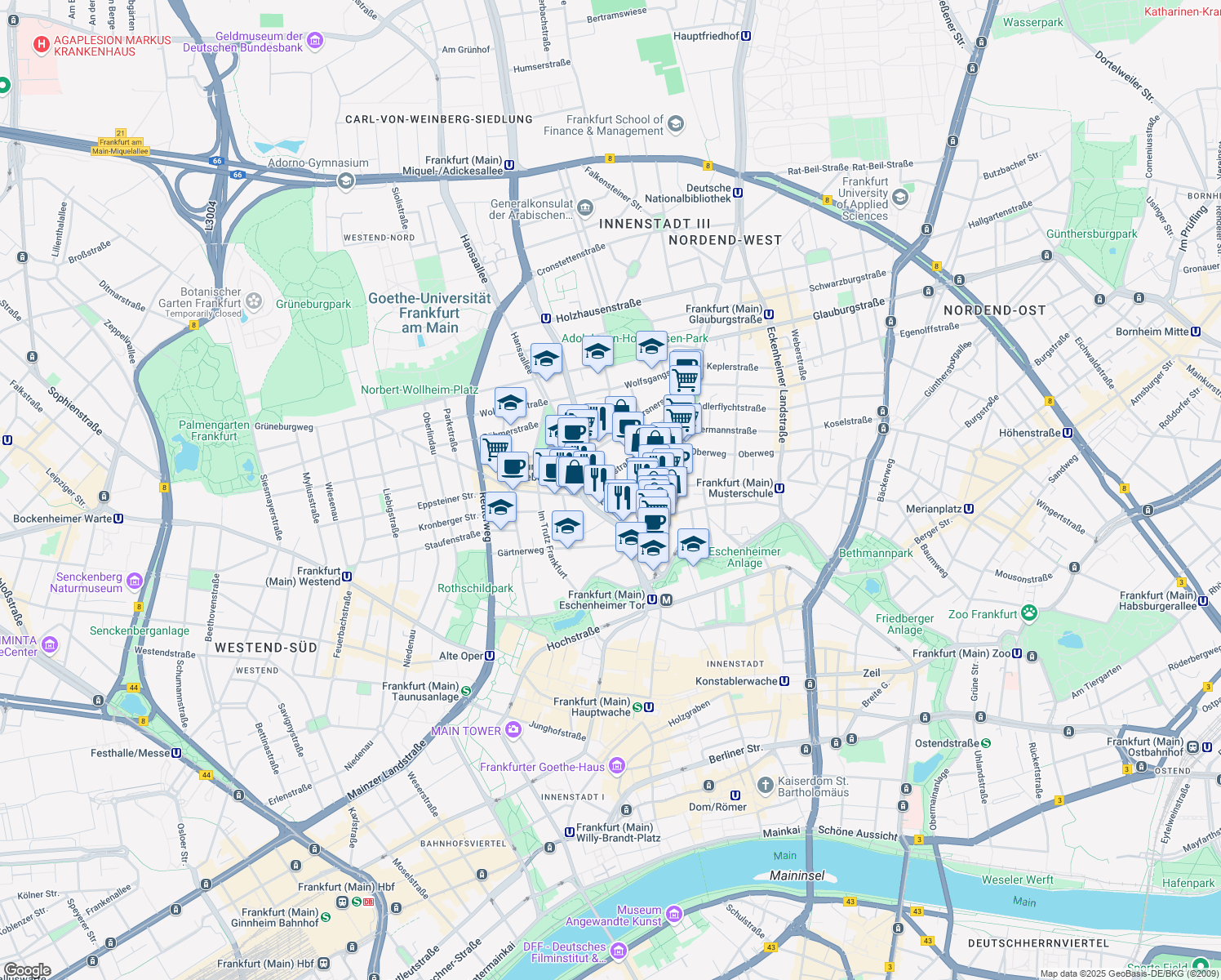 map of restaurants, bars, coffee shops, grocery stores, and more near 40 Finkenhofstraße in Frankfurt am Main