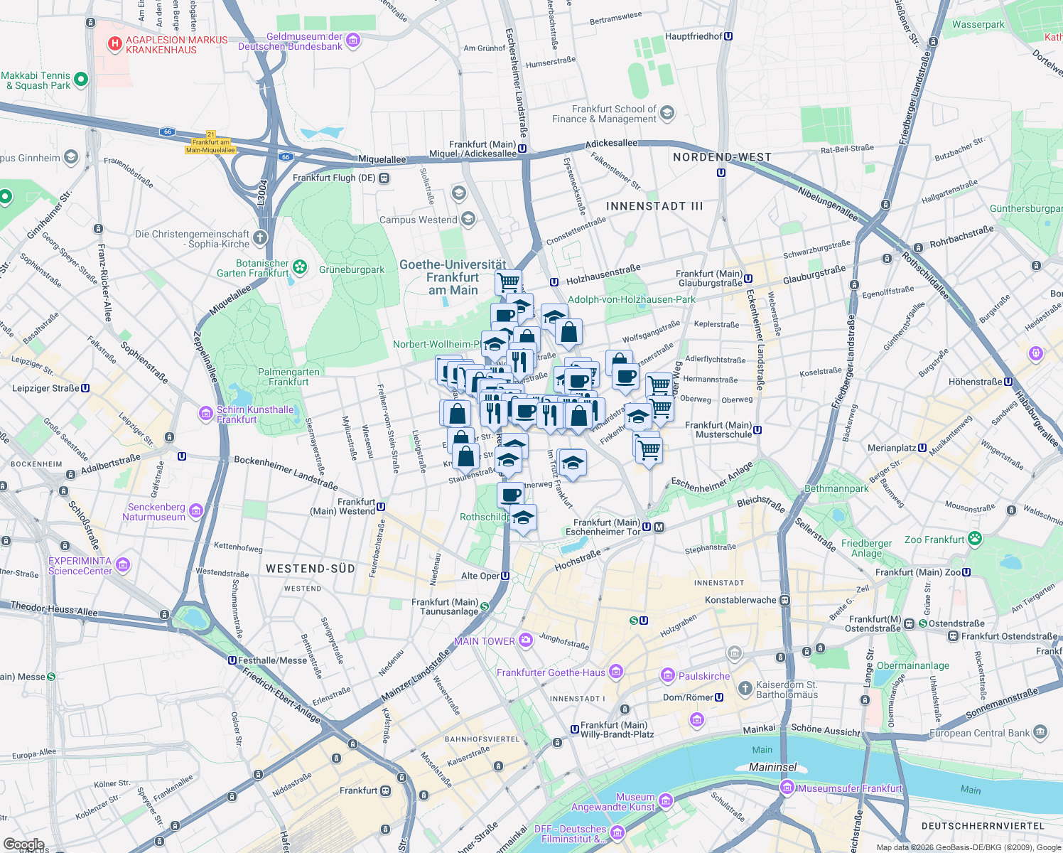map of restaurants, bars, coffee shops, grocery stores, and more near 16 Grüneburgweg in Frankfurt am Main