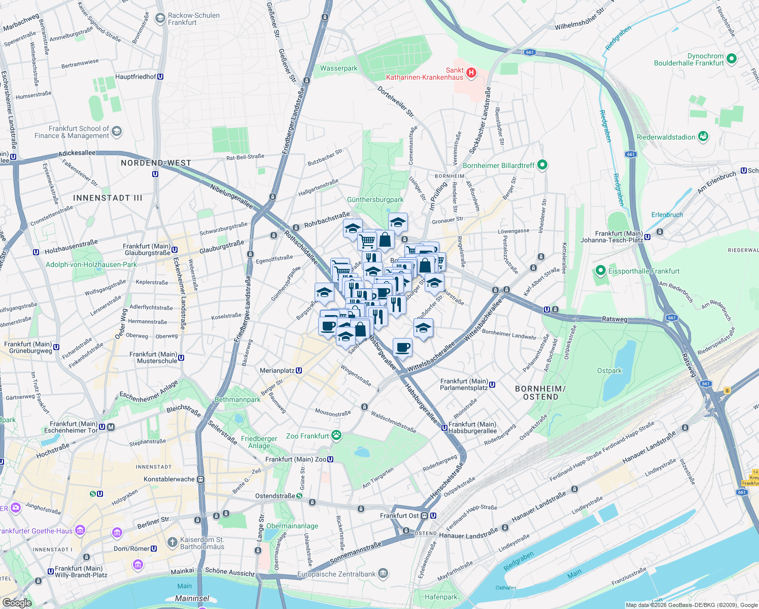 map of restaurants, bars, coffee shops, grocery stores, and more near 125 Berger Straße in Frankfurt am Main