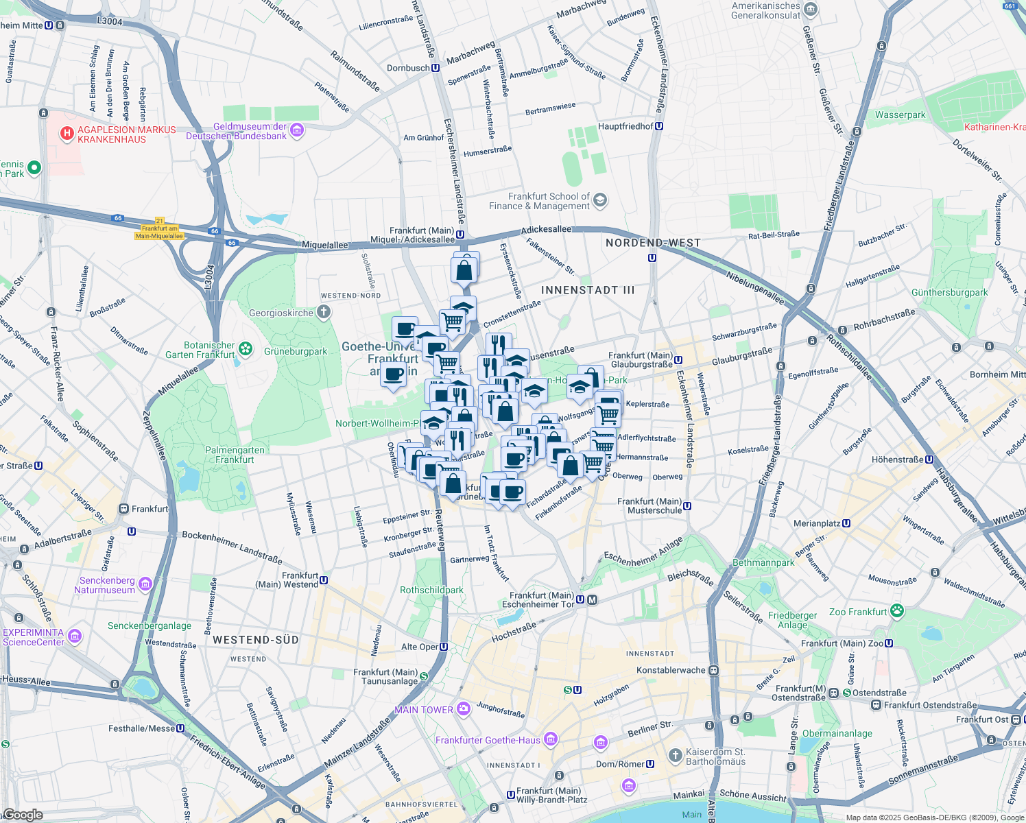 map of restaurants, bars, coffee shops, grocery stores, and more near in Frankfurt