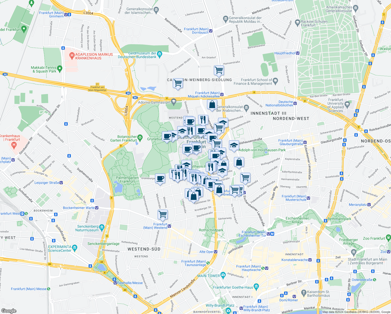 map of restaurants, bars, coffee shops, grocery stores, and more near 1 Grüneburgweg in Frankfurt