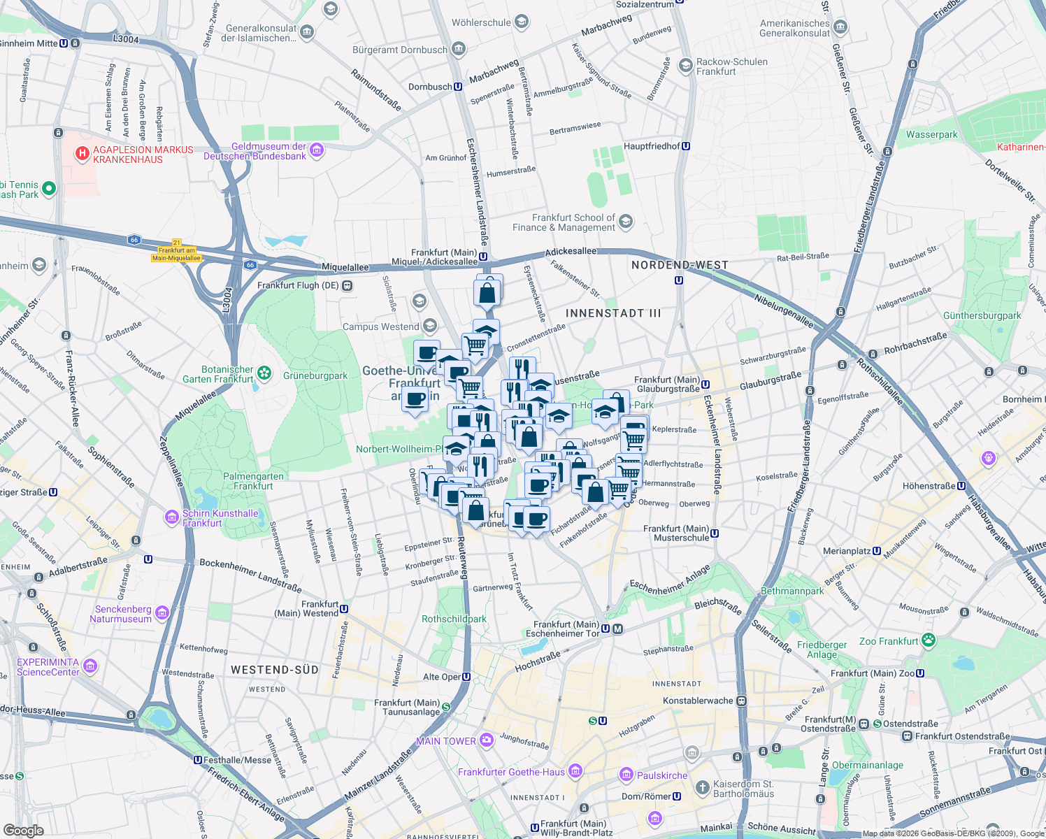 map of restaurants, bars, coffee shops, grocery stores, and more near 105-107 Eschersheimer Landstraße in Frankfurt am Main