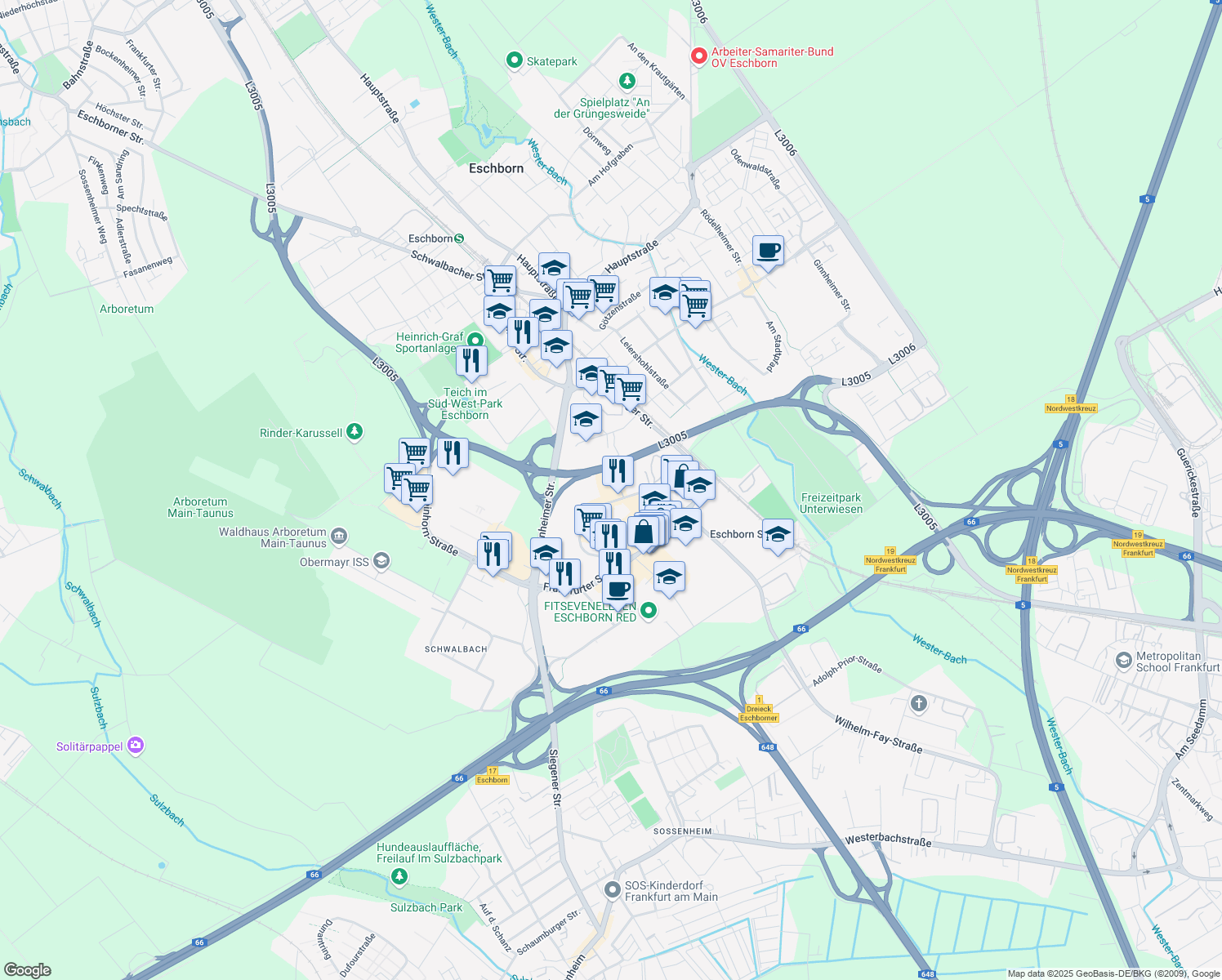 map of restaurants, bars, coffee shops, grocery stores, and more near 61 Mergenthalerallee in Eschborn