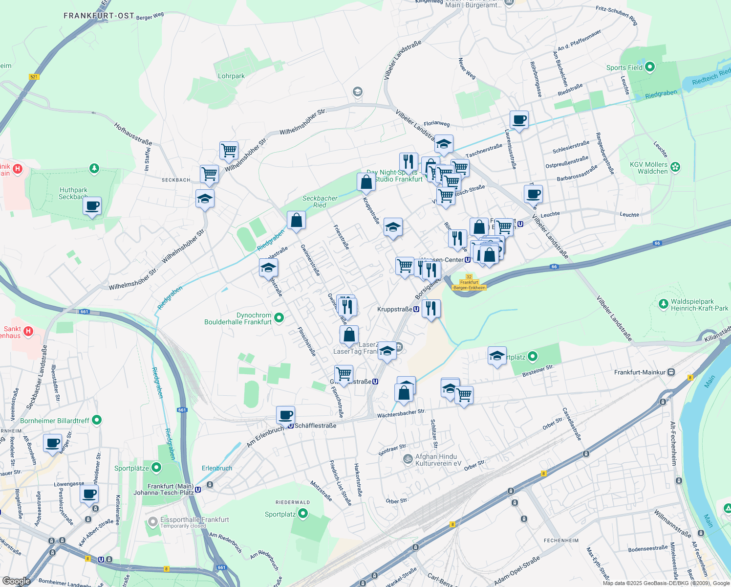 map of restaurants, bars, coffee shops, grocery stores, and more near 7 Friesstraße in Frankfurt am Main