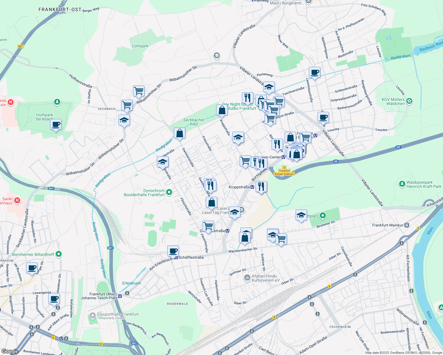 map of restaurants, bars, coffee shops, grocery stores, and more near 7 Friesstraße in Frankfurt am Main