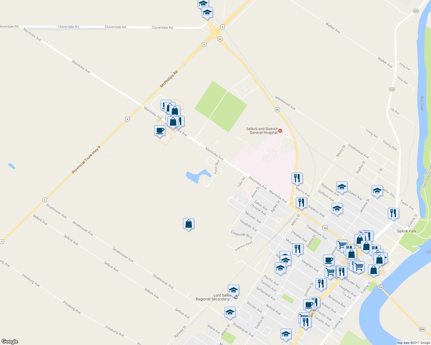 map of restaurants, bars, coffee shops, grocery stores, and more near 361 Purvis Boulevard in Gimli