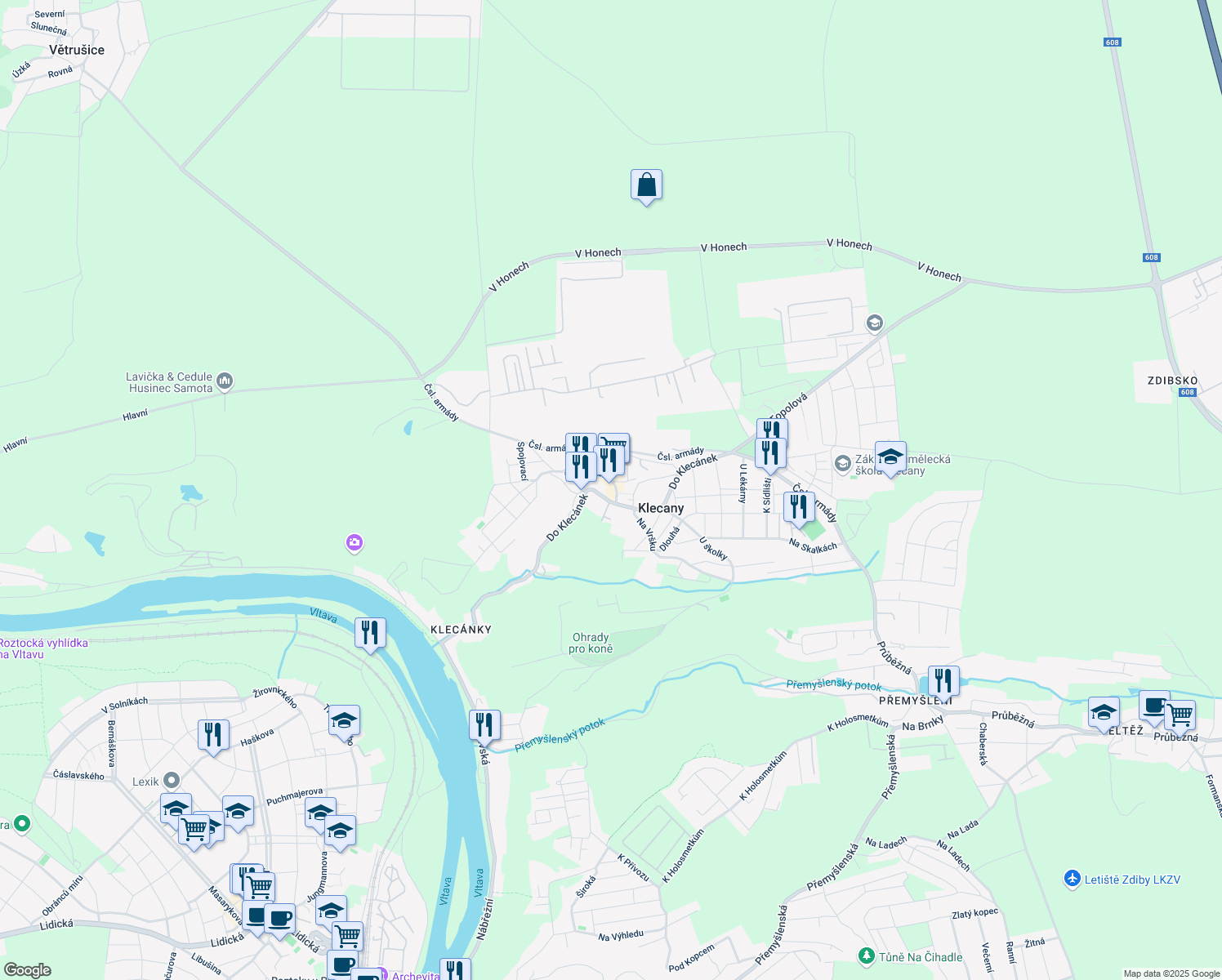 map of restaurants, bars, coffee shops, grocery stores, and more near in Klecany