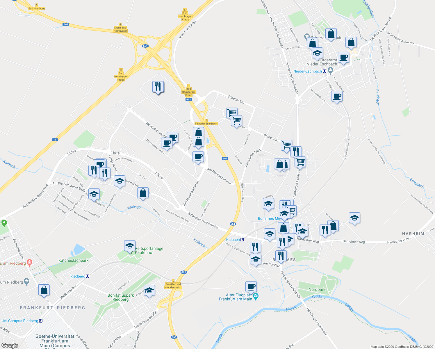 map of restaurants, bars, coffee shops, grocery stores, and more near Am Martinszehnten in Frankfurt am Main