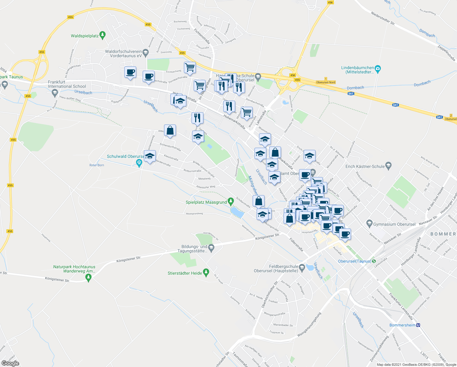 map of restaurants, bars, coffee shops, grocery stores, and more near 5 Altenhöfer Weg in Oberursel (Taunus)