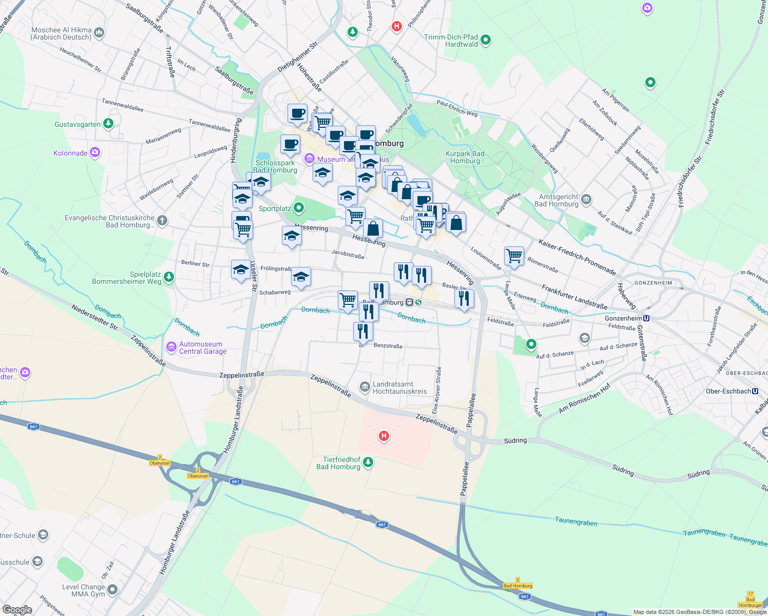 map of restaurants, bars, coffee shops, grocery stores, and more near Horexstraße in Bad Homburg vor der Höhe