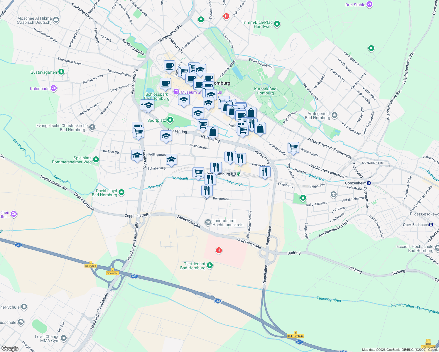 map of restaurants, bars, coffee shops, grocery stores, and more near Horexstraße in Bad Homburg vor der Höhe