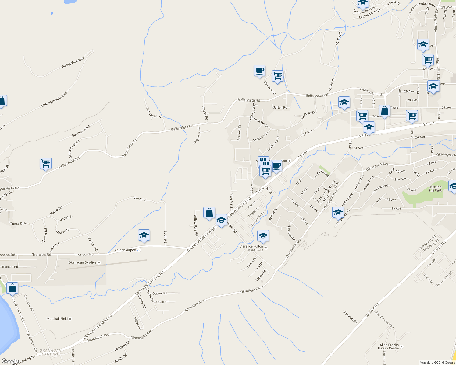 map of restaurants, bars, coffee shops, grocery stores, and more near 2610 O'Keefe Road in Vernon