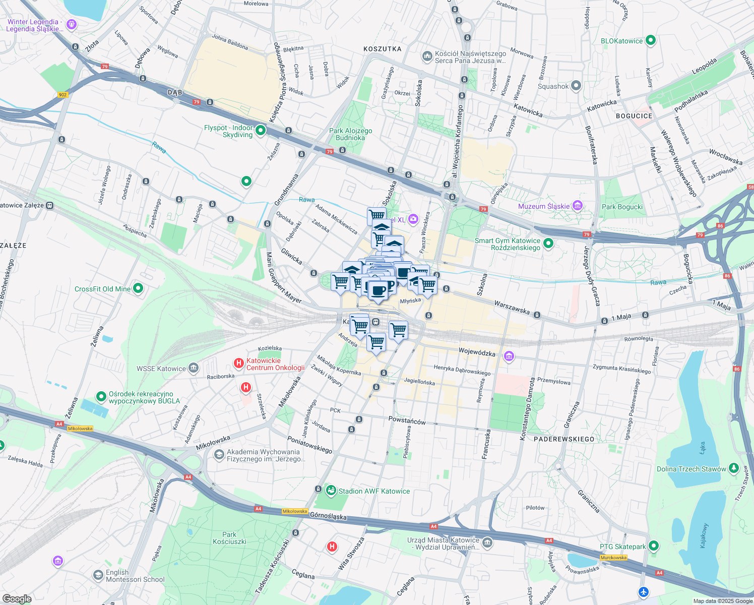 map of restaurants, bars, coffee shops, grocery stores, and more near 30 3 Maja in Katowice