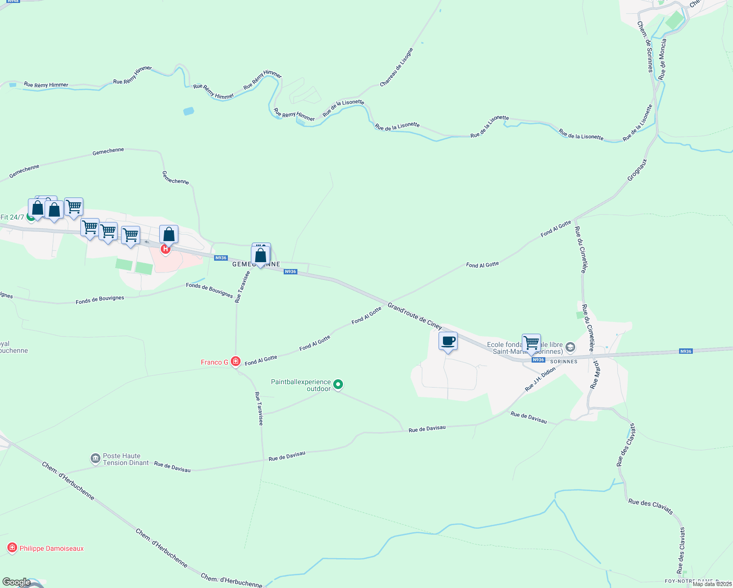 map of restaurants, bars, coffee shops, grocery stores, and more near N936 in Namur