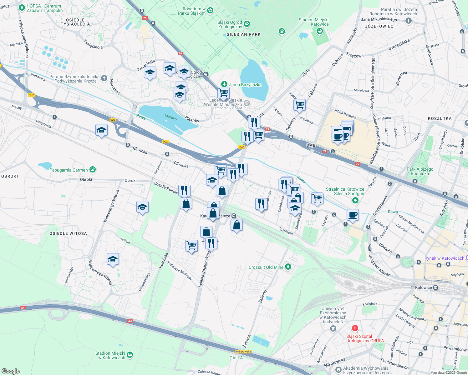 map of restaurants, bars, coffee shops, grocery stores, and more near 40 Bocheńskiego in Katowice